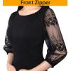 imageVFSHOW Womens Black Floral Embroidery Lace Bishop Sleeve Cocktail Party Slim Front Zipper Bodycon Pencil Sheath Dress 9628 BLK XL