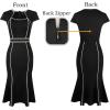 imageVFSHOW Womens Elegant Vintage Square Neck Business Office Cocktail Party Bodycon Midi Mermaid DressBlack With Tweed Trim