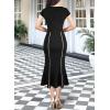 imageVFSHOW Womens Elegant Vintage Square Neck Business Office Cocktail Party Bodycon Midi Mermaid DressBlack With Tweed Trim