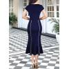 imageVFSHOW Womens Elegant Vintage Square Neck Business Office Cocktail Party Bodycon Midi Mermaid DressNavy Blue With Tweed Trim
