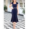 imageVFSHOW Womens Elegant Vintage Square Neck Business Office Cocktail Party Bodycon Midi Mermaid DressNavy Blue With Tweed Trim