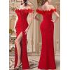 imageVFSHOW Womens Formal Prom Off Shoulder 3D Flowers Ruched Wedding Guest Maxi Dress 2024 Sexy High Slit Cocktail Evening GownSparkly Red