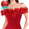 imageVFSHOW Womens Formal Prom Off Shoulder 3D Flowers Ruched Wedding Guest Maxi Dress 2024 Sexy High Slit Cocktail Evening GownSparkly Red