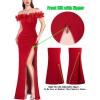 imageVFSHOW Womens Formal Prom Off Shoulder 3D Flowers Ruched Wedding Guest Maxi Dress 2024 Sexy High Slit Cocktail Evening GownSparkly Red