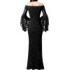 imageVFSHOW Womens Off Shoulder Bell Sleeve Formal Evening Wedding Party Maxi DressBlack Floral Lace