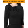 imageVFSHOW Womens Pleated Asymmetric Bow Neck Work Business Office Cocktail Party Pencil Sheath DressBlack