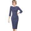 imageVFSHOW Womens Pleated Asymmetric Bow Neck Work Business Office Cocktail Party Pencil Sheath DressBlue Yarndyed Tweed
