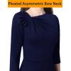 imageVFSHOW Womens Pleated Asymmetric Bow Neck Work Business Office Cocktail Party Pencil Sheath DressNavy Blue