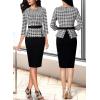imageVFSHOW Womens Pleated Crew Neck Peplum Work Business Office Bodycon Pencil Sheath DressBlack Beige Tweed Plaid  Black