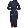 imageVFSHOW Womens Pleated Crew Neck Peplum Work Business Office Bodycon Pencil Sheath DressDark Blue  White Stripes