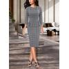 imageVFSHOW Womens Pleated Crew Neck Peplum Work Business Office Bodycon Pencil Sheath DressGrey Checker