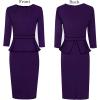 imageVFSHOW Womens Pleated Crew Neck Peplum Work Business Office Bodycon Pencil Sheath DressPurple With Black Piping