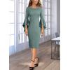imageVFSHOW Womens Ruffle Bell Sleeves Business Cocktail Party Bodycon Pencil Sheath DressGreen Knit