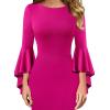 imageVFSHOW Womens Ruffle Bell Sleeves Business Cocktail Party Bodycon Pencil Sheath DressHot Pink