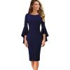 imageVFSHOW Womens Ruffle Bell Sleeves Business Cocktail Party Bodycon Pencil Sheath DressNavy Bluecotton Blend