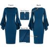 imageVFSHOW Womens Ruffle Bell Sleeves Business Cocktail Party Bodycon Pencil Sheath DressPeacock Blue