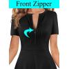 imageVFSHOW Womens Summer Work Business Dresses Pleated Crew Neck Front Zipper Button Office Slim Aline Fit and Flare DressBlack