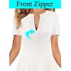 imageVFSHOW Womens Summer Work Business Dresses Pleated Crew Neck Front Zipper Button Office Slim Aline Fit and Flare DressOffwhite
