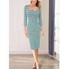 imageVFSHOW Womens Work Business Square Neck Bodycon Dress Office Retro Elegant Slim Fitted Pencil Sheath DressTeal Green Tweed