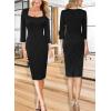 imageVFSHOW Womens Work Business Square Neck Bodycon Dress Office Retro Elegant Slim Fitted Pencil Sheath DressTextured Blackb