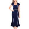 imageVFSHOW Womens Elegant Vintage Square Neck Business Office Cocktail Party Bodycon Midi Mermaid DressNavy Blue With Tweed Trim