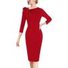 imageVFSHOW Womens Pleated Asymmetric Bow Neck Work Business Office Cocktail Party Pencil Sheath DressRed