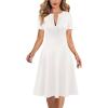 imageVFSHOW Womens Summer Work Business Dresses Pleated Crew Neck Front Zipper Button Office Slim Aline Fit and Flare DressOffwhite