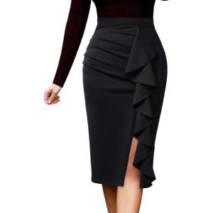 imageVFSHOW Women Elegant Ruched Ruffle Slit Work Business Party Pencil SkirtBlack