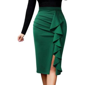 imageVFSHOW Women Elegant Ruched Ruffle Slit Work Business Party Pencil SkirtEmerald Greena