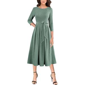 imageVFSHOW Womens Elegant Pockets Belted Work Business Office Casual Party Pleated ALine Midi DressGreen Knit