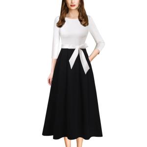 imageVFSHOW Womens Elegant Pockets Belted Work Business Office Casual Party Pleated ALine Midi DressOff White  Blackb