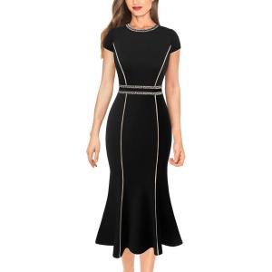 imageVFSHOW Womens Elegant Vintage Chruch Business Office Cocktail Mermaid Bodycon Midi DressBlack
