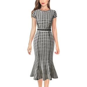 imageVFSHOW Womens Elegant Vintage Chruch Business Office Cocktail Mermaid Bodycon Midi DressBlack White Plaid Tweed