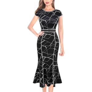 imageVFSHOW Womens Elegant Vintage Chruch Business Office Cocktail Mermaid Bodycon Midi DressBlack and White Geometric Print