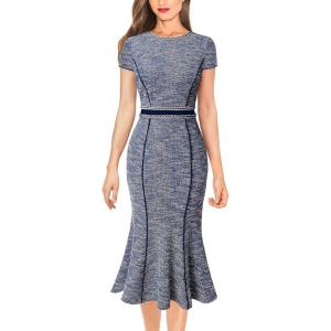 imageVFSHOW Womens Elegant Vintage Chruch Business Office Cocktail Mermaid Bodycon Midi DressBlue Tweed