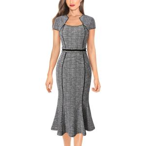 imageVFSHOW Womens Elegant Vintage Square Neck Business Office Cocktail Party Bodycon Midi Mermaid DressBlack Tweed