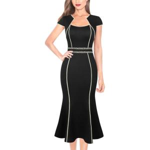 imageVFSHOW Womens Elegant Vintage Square Neck Business Office Cocktail Party Bodycon Midi Mermaid DressBlack With Tweed Trim