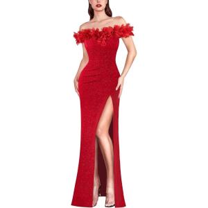 imageVFSHOW Womens Formal Prom Off Shoulder 3D Flowers Ruched Wedding Guest Maxi Dress 2024 Sexy High Slit Cocktail Evening GownSparkly Red