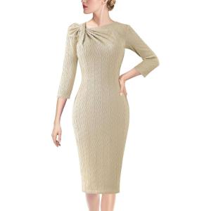 imageVFSHOW Womens Pleated Asymmetric Bow Neck Work Business Office Cocktail Party Pencil Sheath DressBeige Knit