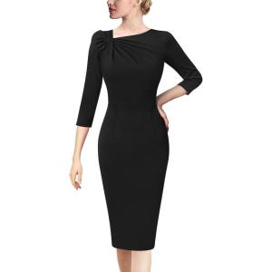 imageVFSHOW Womens Pleated Asymmetric Bow Neck Work Business Office Cocktail Party Pencil Sheath DressBlack