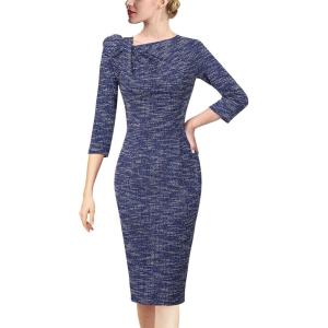 imageVFSHOW Womens Pleated Asymmetric Bow Neck Work Business Office Cocktail Party Pencil Sheath DressBlue Yarndyed Tweed