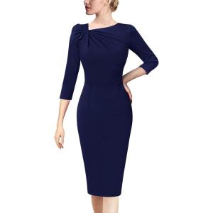 imageVFSHOW Womens Pleated Asymmetric Bow Neck Work Business Office Cocktail Party Pencil Sheath DressNavy Blue