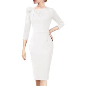 imageVFSHOW Womens Pleated Asymmetric Bow Neck Work Business Office Cocktail Party Pencil Sheath DressOffwhite