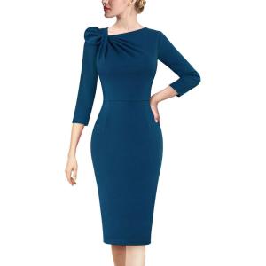 imageVFSHOW Womens Pleated Asymmetric Bow Neck Work Business Office Cocktail Party Pencil Sheath DressPeacock Blue