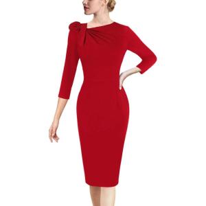imageVFSHOW Womens Pleated Asymmetric Bow Neck Work Business Office Cocktail Party Pencil Sheath DressRed