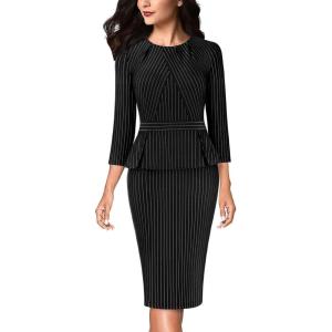 imageVFSHOW Womens Pleated Crew Neck Peplum Work Business Office Bodycon Pencil Sheath DressBlack  White Stripesb