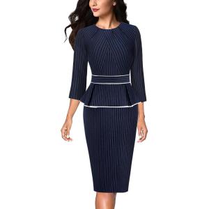 imageVFSHOW Womens Pleated Crew Neck Peplum Work Business Office Bodycon Pencil Sheath DressDark Blue  White Stripes
