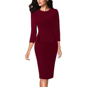 imageVFSHOW Womens Pleated Crew Neck Peplum Work Business Office Bodycon Pencil Sheath DressDark Red