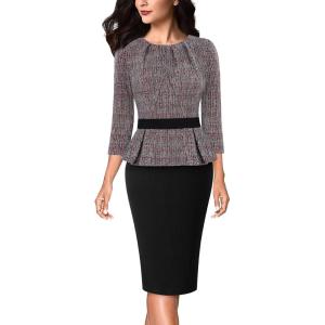 imageVFSHOW Womens Pleated Crew Neck Peplum Work Business Office Bodycon Pencil Sheath DressDark Red Tweedblack