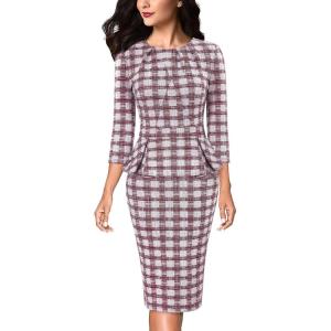 imageVFSHOW Womens Pleated Crew Neck Peplum Work Business Office Bodycon Pencil Sheath DressDark Red and White Tweedchecker